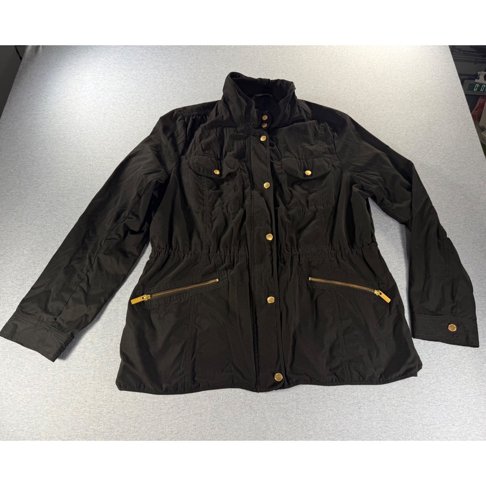 Lands End Black Full Zip Snap Utility Jacket Taped Seams Roll Tab Sleeve XL 18